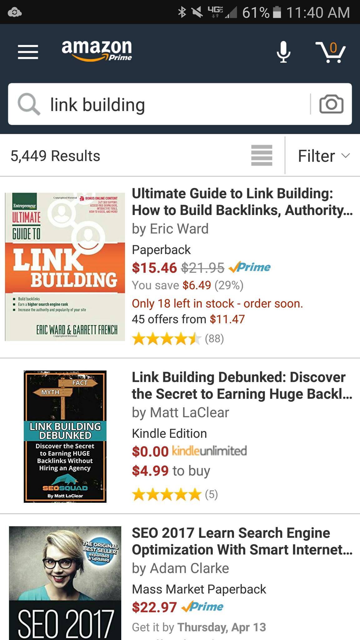 Amazon search results showing Link Building Debunked ranked #2 of 5,449 results for 'link building'