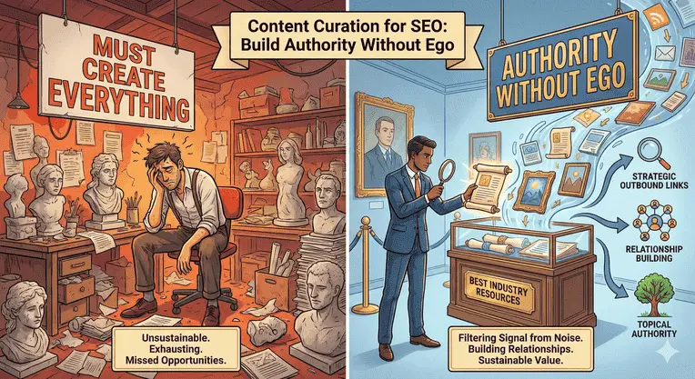 Content curation for SEO illustrated by building authority through curated resources instead of creating everything yourself