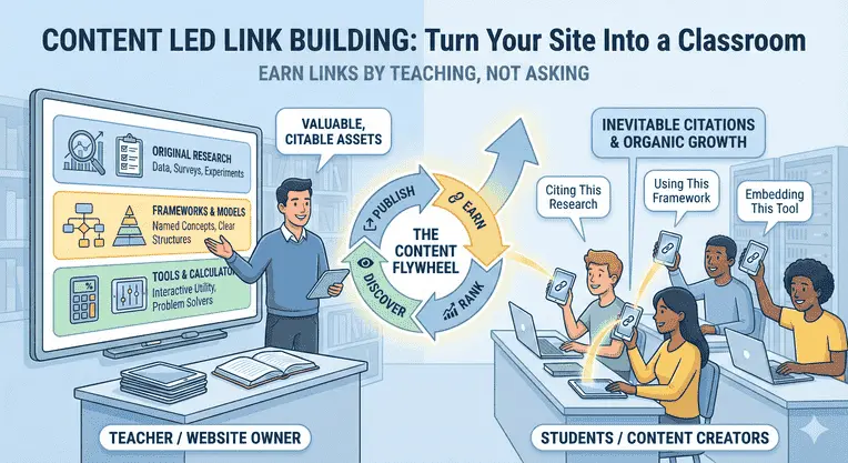 Content-led link building illustrated by teaching through research, frameworks, and tools that earn organic citations