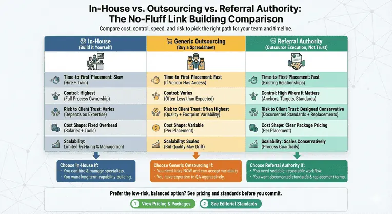 Comparison of in-house link building, generic outsourcing, and Referral Authority showing differences in cost, control, speed, and risk
