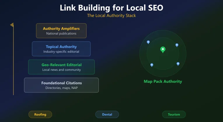 A local authority stack connecting citations, geo-relevant publishers, and service-area trust signals