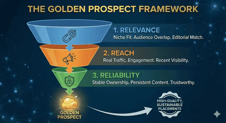 Link prospecting strategy illustrated by the Golden Prospect Framework filtering relevance, reach, and reliability