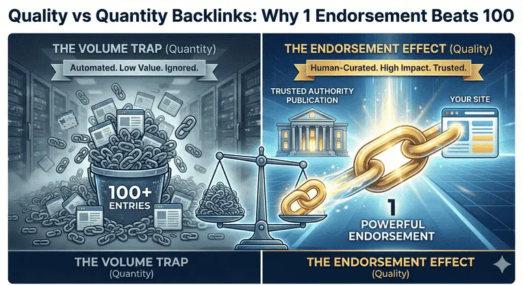 Quality vs quantity backlinks comparison showing one trusted endorsement outweighing 100 low-value links
