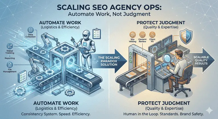 Scaling an SEO agency illustrated by automating operational work while protecting human judgment and quality control