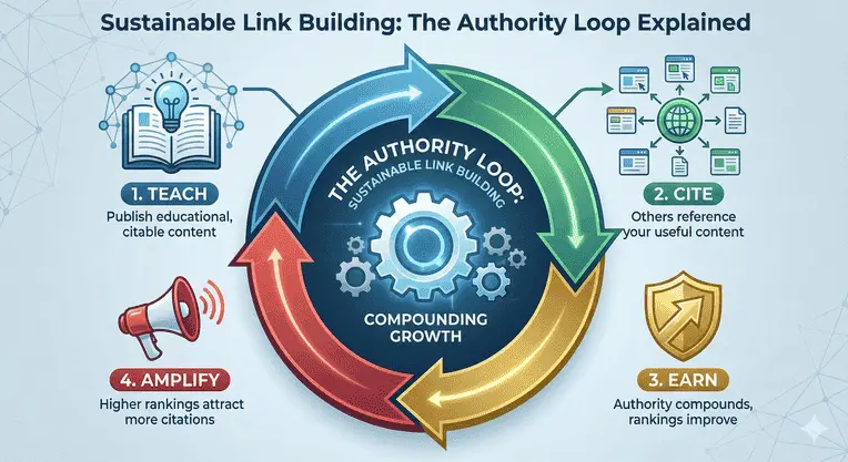 Sustainable link building illustrated by the Authority Loop of teaching, citations, earned links, and amplification