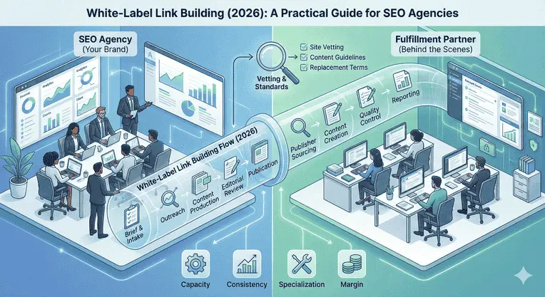 White-label link building illustrated as a workflow where SEO agencies manage strategy while a link-building infrastructure partner handles execution