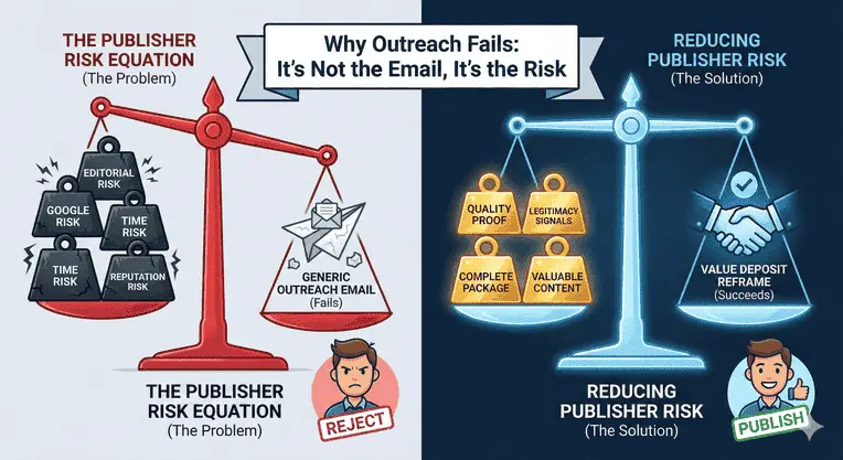 Why outreach fails illustration showing publisher risk outweighing generic outreach and successful outreach reducing editorial risk